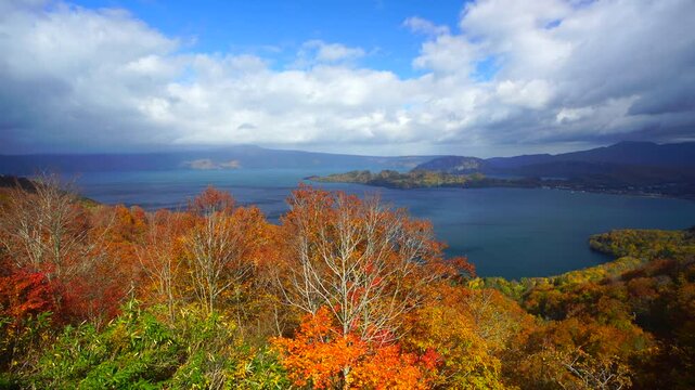 紫明亭展望台から望む十和田湖と紅葉の樹林