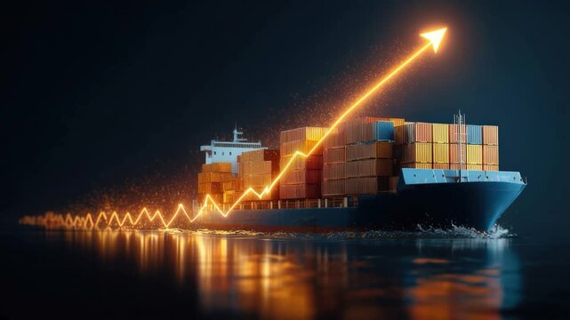 Navigating growth: A cargo ship sails, accompanied by a dynamic glowing arrow illustrating the upward trajectory. ..Created with Generative AI, not depicting real subjects.