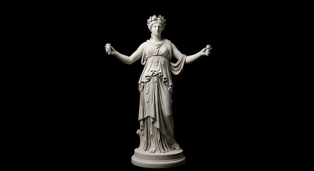Obraz premium Classical marble statue of a robed woman holding objects, isolated against black