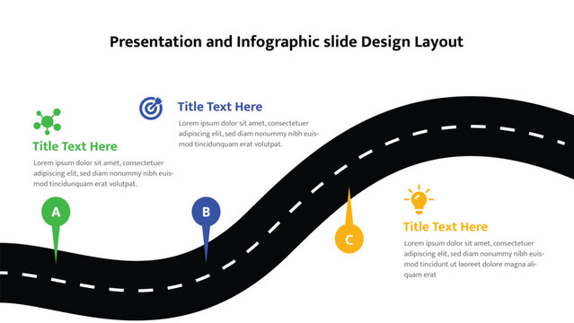 Winding road infographic timeline presentation slide template with three labeled stages and icons