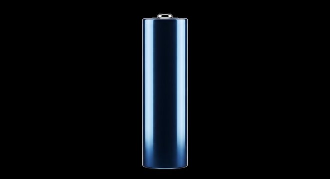 Close-up of a blue, cylindrical battery against a stark, black backdrop