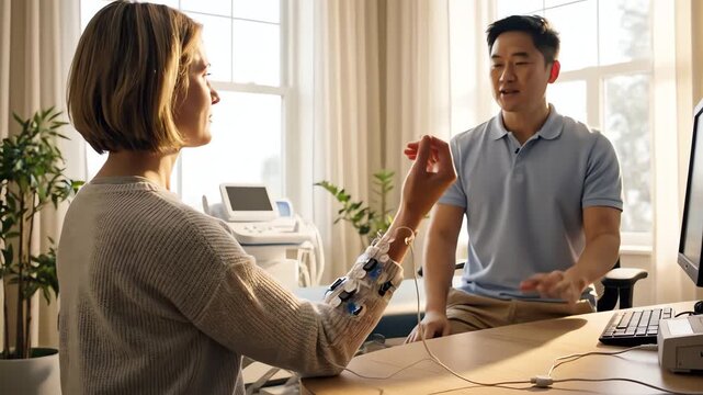 EMG medical test in progress as female doctor holds electrode on male patient's arm in bright modern clinic office with computer monitors