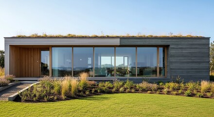 Obraz premium Modern Single-Story House with Large Glass Windows and Garden Landscape.