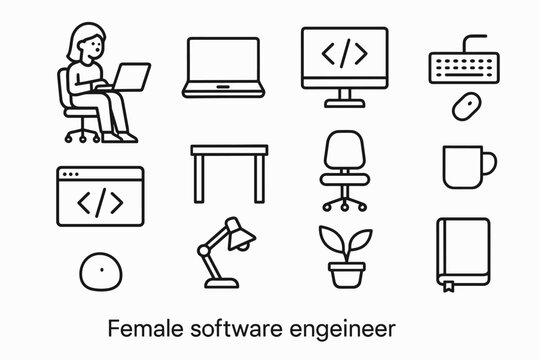 Female Coder Icon Set. Female software engineer at work. Line outline icon set of Female software engineer at