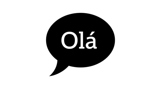 A black speech bubble with the Portuguese greeting Ol&aacute; on a white background