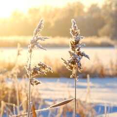 Fototapeta premium Frosty morning scene with snow-covered plants