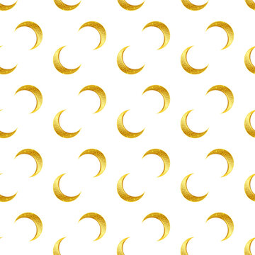 Golden crescent moons repeating pattern Eid al Adha festive Islamic holiday decoration isolated on transparent background