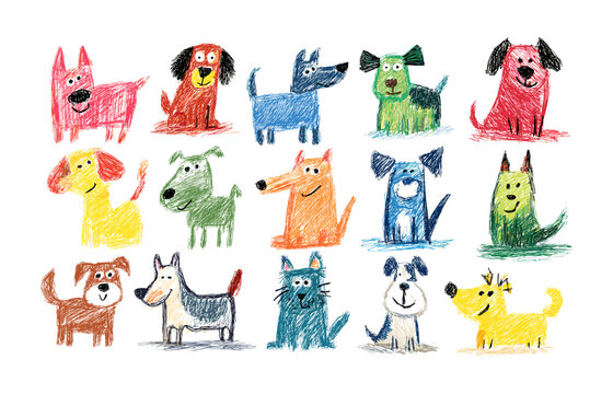 Dogs hand drawing. Funny puppy child crayon drawn, cute dog adorable baby pet kids doodle color pencil art home animal puppies domestic pets canine set isolated vector illustration