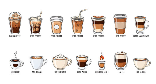 Variety of coffee drinks illustrations, types of coffee, coffee menu