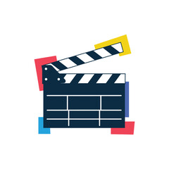 Film clapper board with colorful abstract shapes behind it cinematic production equipment for creating video content and shooting footage. © Mujahid
