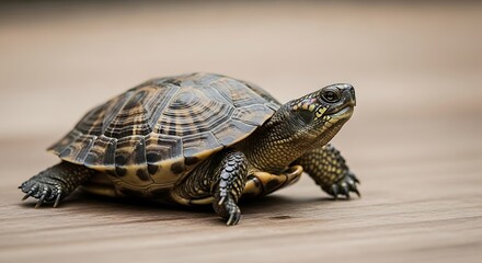 Obraz premium Small turtle on wooden surface.