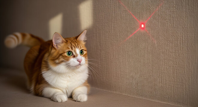 Ginger cat intently watches a red laser dot on the wall.