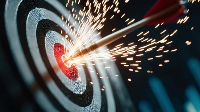 An arrow bullseye, striking the exact center of its target, with sparks of impact. Representing precision, focus, and achievement. ..Created with Generative AI, not depicting real subjects.