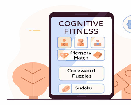 Vector illustration of a cognitive fitness mobile app interface featuring memory games crossword puzzles and sudoku for brain training concept