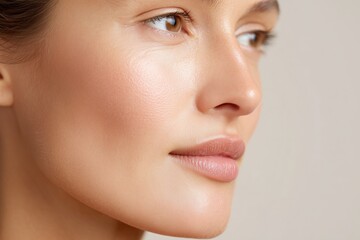 Obraz premium Close-up of young caucasian female with smooth skin and natural makeup