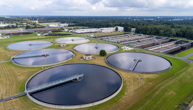 Wastewater treatment plant aerial.