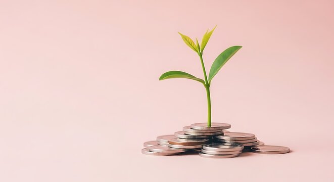 Green plant growing from coin stack.