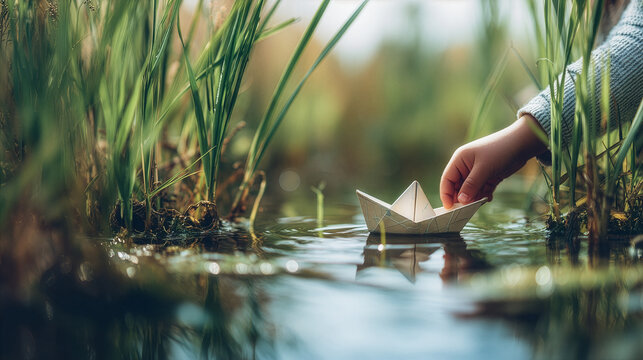 Peaceful Outdoor Scene With Child, Paper Boat And Blurred Grass Foreground
