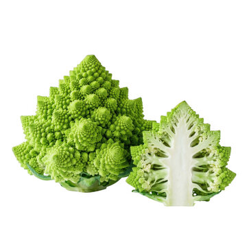 A vibrant romanesco broccoli whole and halved showcases fractal patterns on transparent background