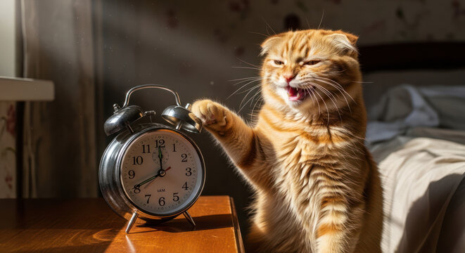 Ginger cat silencing alarm clock with paw morning wakeup.