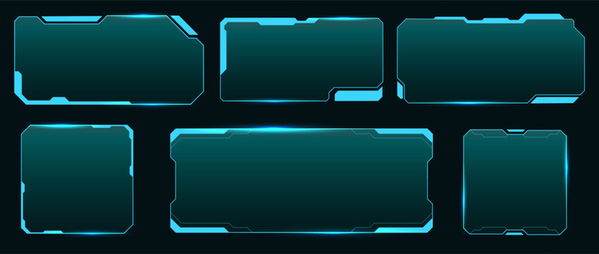 Glowing sci fi glass frames. Transparent blank screens, futuristic assets design, tech shapes, gaming menu borders, digital screens, HUD layouts, design elements qualitative vector isolated set