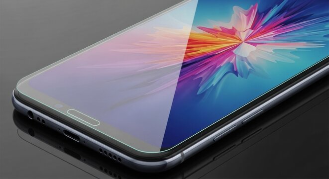 A smartphone with a colorful wallpaper and a protective screen protector.
