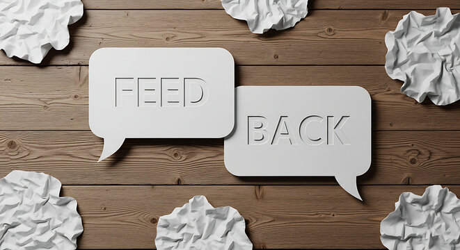 White speech bubbles with 'FEED' and 'BACK' text on a wooden background, surrounded by crumpled paper, symbolizing communication and ideas.