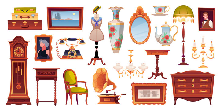 Antique shop elements. Vintage store goods, retro classical Victorian furniture, paintings decor, fixtures, retro garage sale items, things with history, tidy vector cartoon isolated set