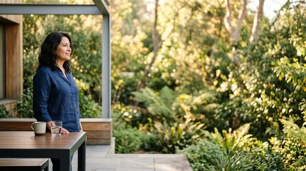 Fototapeta premium Happy middle-aged woman relaxing on home terrace with morning coffee and nature view.