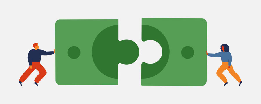 Financial and business collaboration. man and woman connecting puzzle pieces to form a dollar symbol. flat Vector illustration