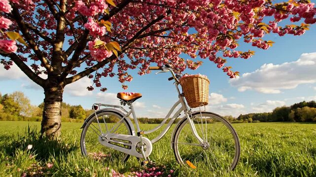 White vintage bicycle with a wicker basket parked in a green grass field under a cherry blossom tree with pink flowers against a blue sky with clouds in a rural landscape.