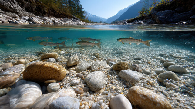 Underwater river clear water wild salmon rocky riverbed freshwater fish alpine valley mountain river nature landscape aquatic life school fish Serene underwater river with clear water, wild salmon