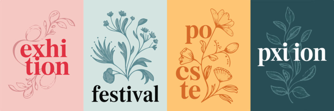 Set of four posters for exhibition festival and poetry with floral elements and typography.