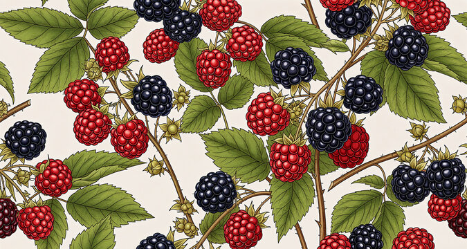Seamless pattern with blackberries and raspberries on branches with leaves, hand drawn illustration.