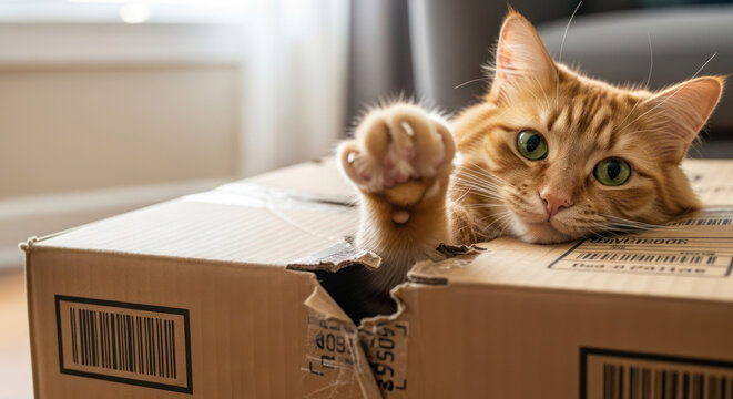 Ginger Tabby Cat Peeking Out of a Ripped Cardboard Box.