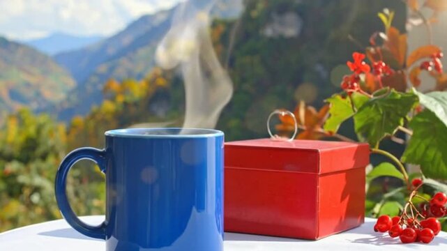 A blue mug with hot beverage and a red gift box on a white table, with a scenic background.