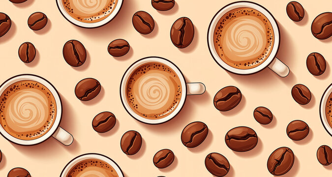 Seamless pattern with roasted coffee beans and cups of espresso on light background.
