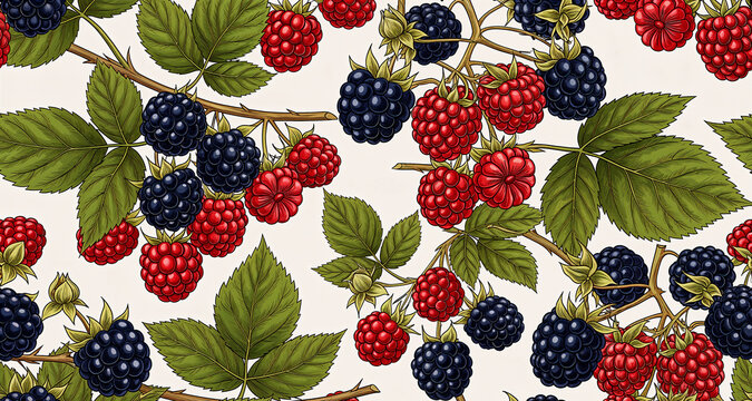 Seamless pattern with ripe blackberries and raspberries on branches with green leaves.