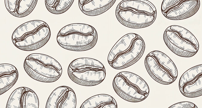 Vintage hand drawn coffee beans seamless pattern in engraving style for bakery packaging.