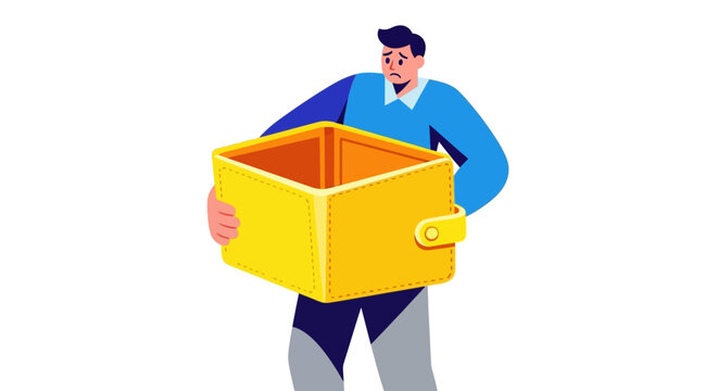 Man holding empty wallet showing financial hardship concept.