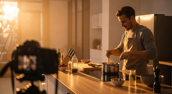 Man recording cooking video at home.