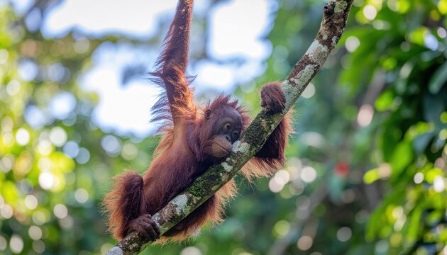 Orangutan baby hanging on branch.
