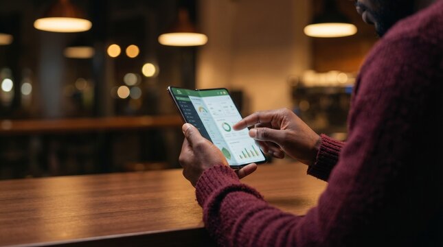 African American man using foldable smartphone for business data in a modern cafe.