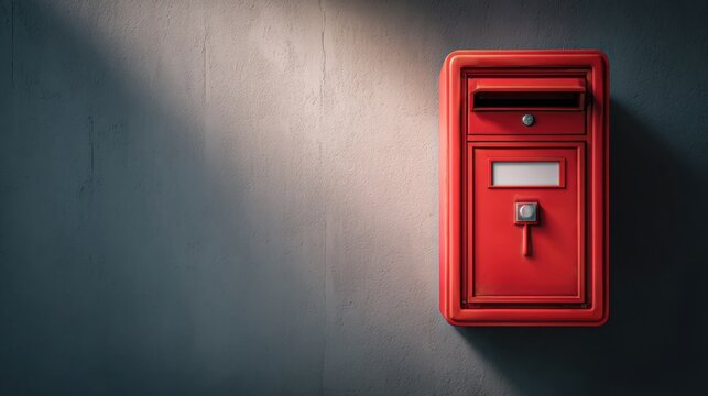 A red mailbox attached to a textured wall under dramatic lighting