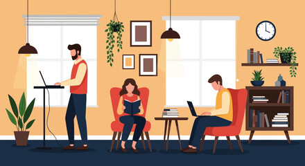 Fototapeta premium People working and reading in a cozy home office environment.
