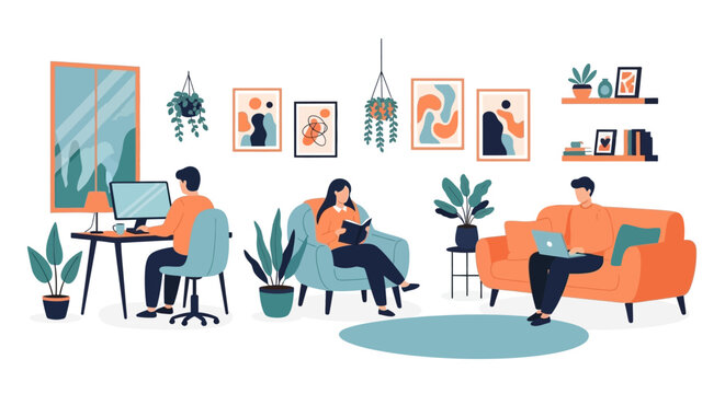 People working and relaxing in a modern home environment.