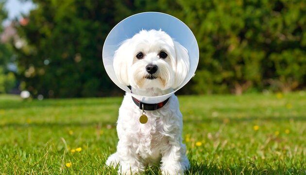 A small white dog wearing a cone collar sits on green grass