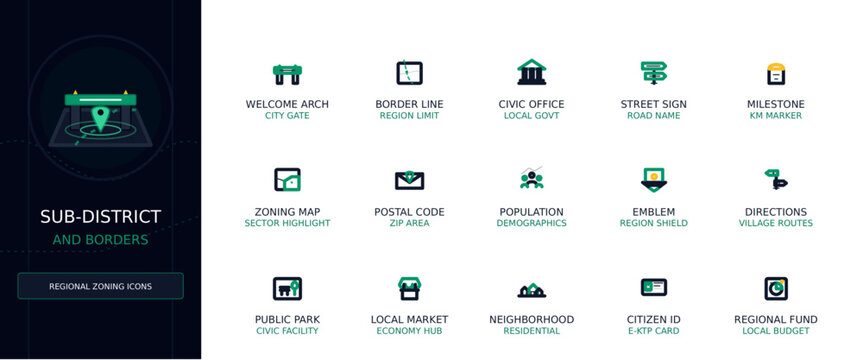 Sub-District and Regional Zoning Vector Icon Set, Minimalist Outline UI Elements for Borders
