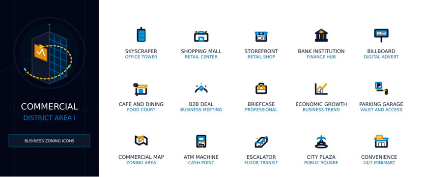 Commercial District and Business Zoning Vector Icon Set, Minimalist Outline UI Elements
