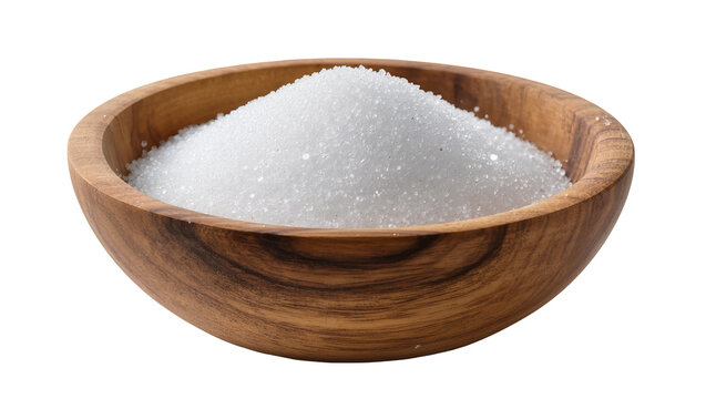 Wooden bowl filled with granulated white sugar crystals